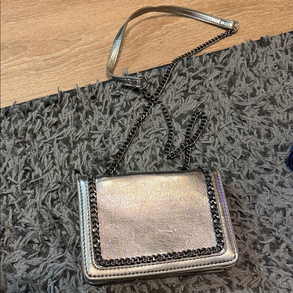Zara Metallic Silver Crossbody Bag with Chain Detail